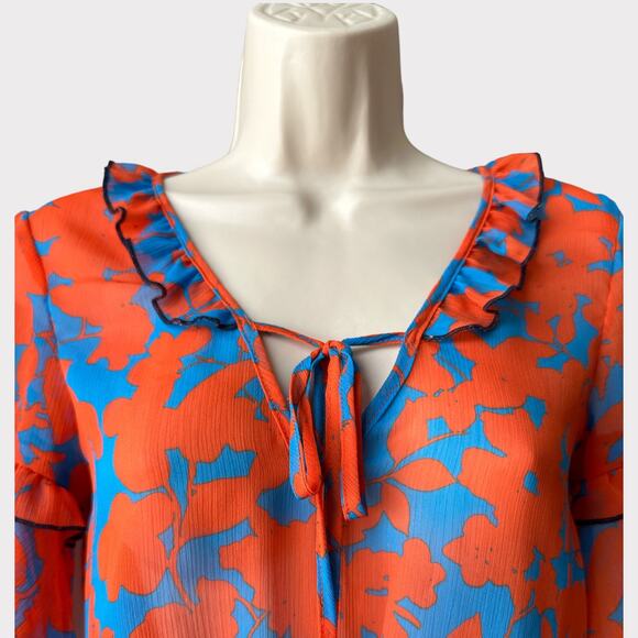 H&M Pleated Chiffon Floral Dress with Fringe Details, Size 2, Red/Blue - Picture 4 of 13